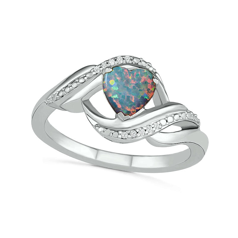 Image of ID 1 Heart-Shaped Lab-Created Opal and Diamond Accent Ribbon Ring in Sterling Silver
