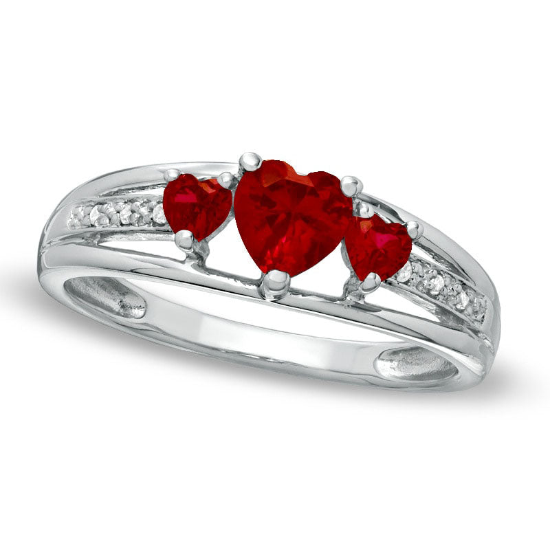 Image of ID 1 Heart-Shaped Lab-Created Ruby Three Stone and Diamond Accent Ring in Sterling Silver