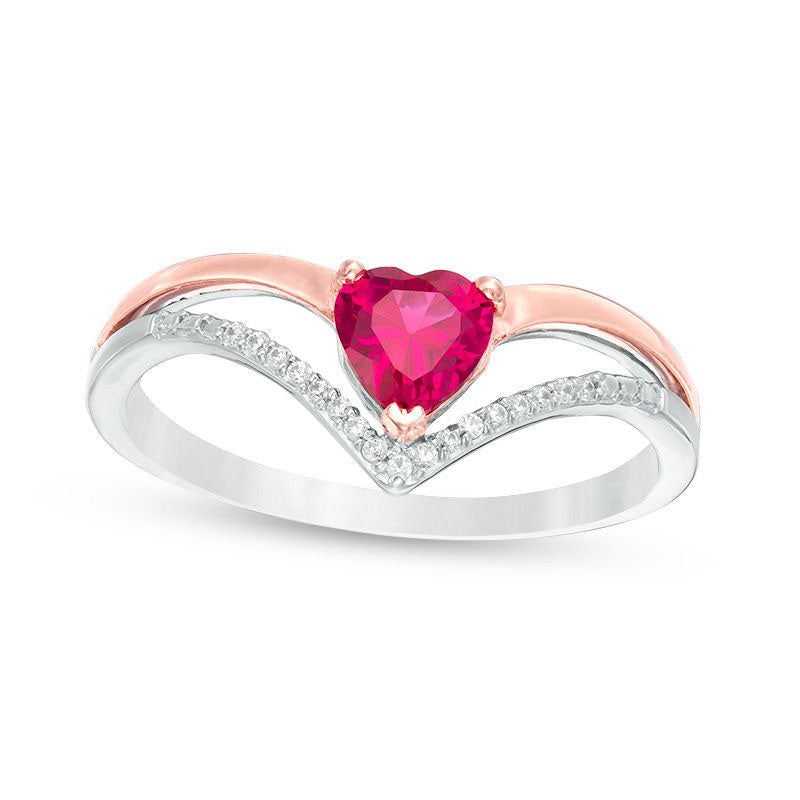 Image of ID 1 Heart-Shaped Lab-Created Ruby and 005 CT TW Diamond Chevron Split Shank Ring in Sterling Silver and Solid 10K Rose Gold