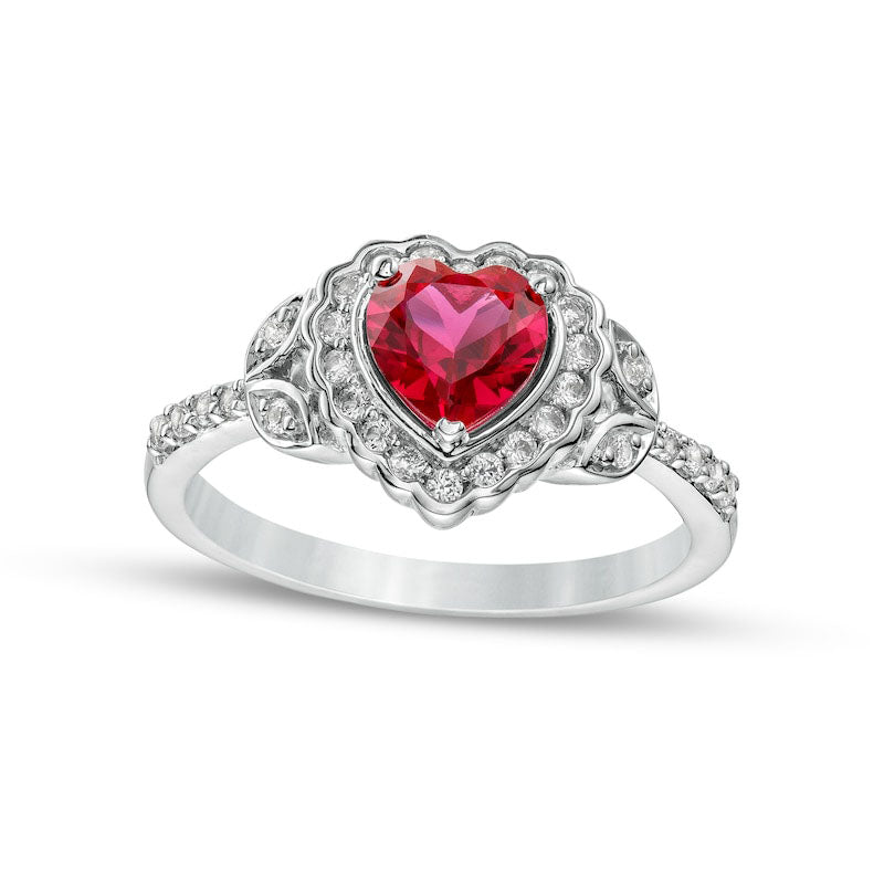 Image of ID 1 Heart-Shaped Lab-Created Ruby and White Lab-Created Sapphire Scallop Frame Leaf-Sides Flower Ring in Sterling Silver