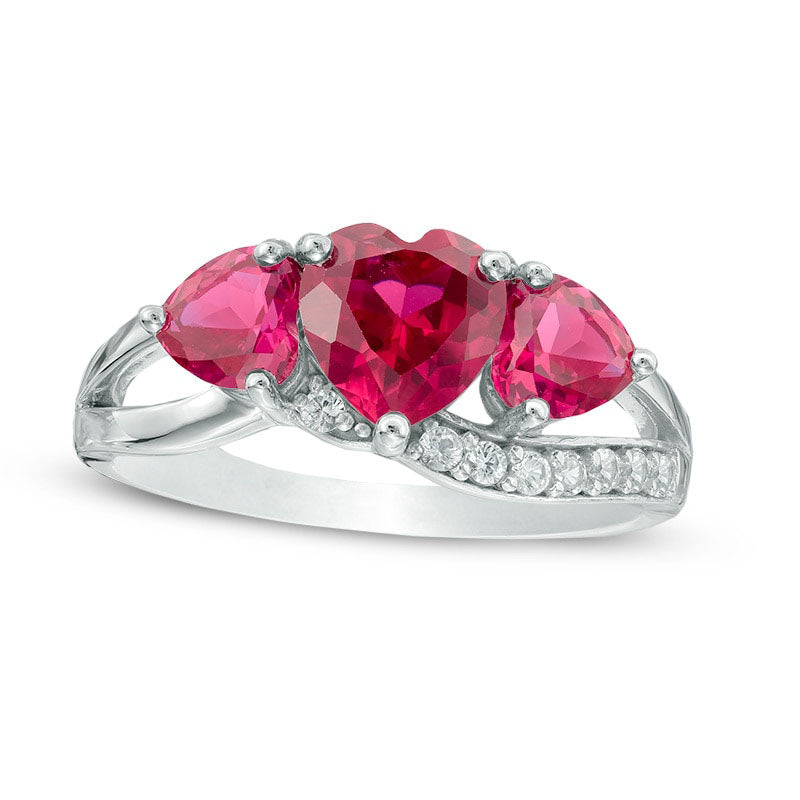 Image of ID 1 Heart-Shaped Lab-Created Ruby and White Sapphire Three Stone Ring in Solid 10K White Gold