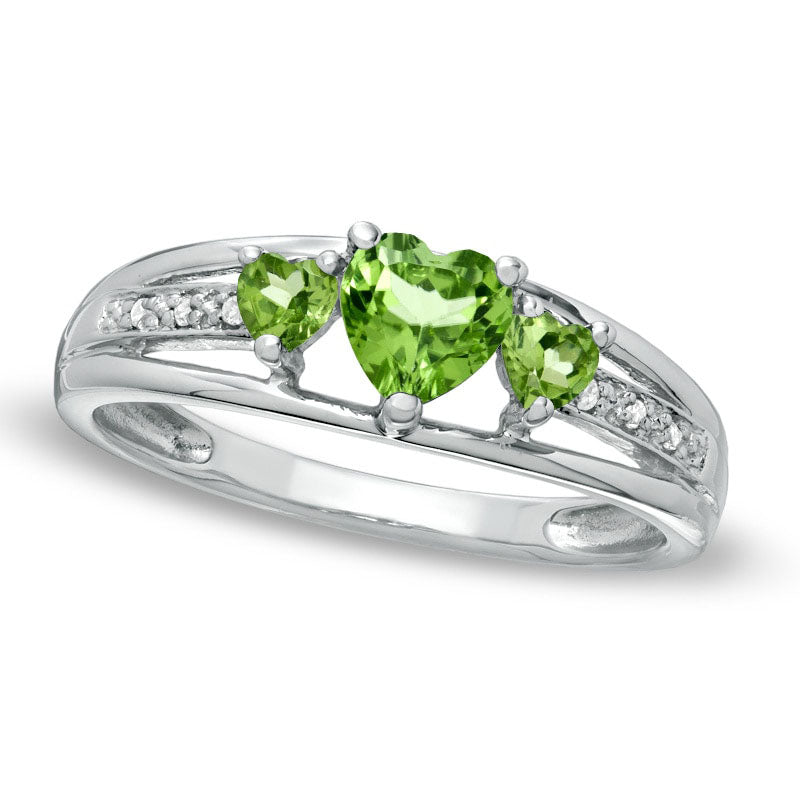 Image of ID 1 Heart-Shaped Peridot Three Stone and Natural Diamond Accent Ring in Sterling Silver