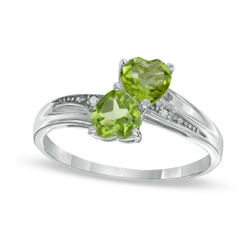 Image of ID 1 Heart-Shaped Peridot and Natural Diamond Accent Double Heart Ring in Sterling Silver
