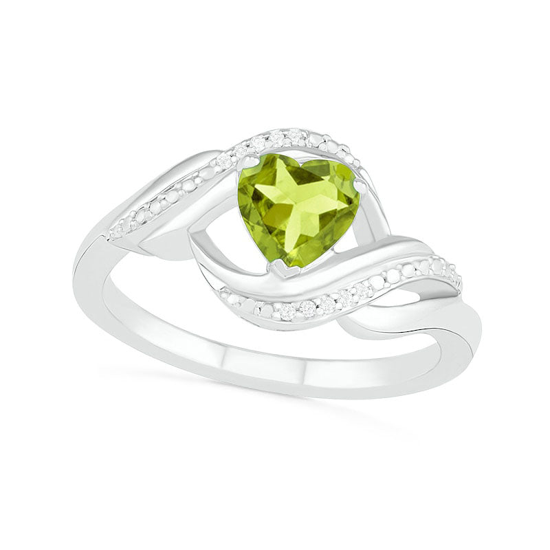 Image of ID 1 Heart-Shaped Peridot and Natural Diamond Accent Ribbon Ring in Sterling Silver