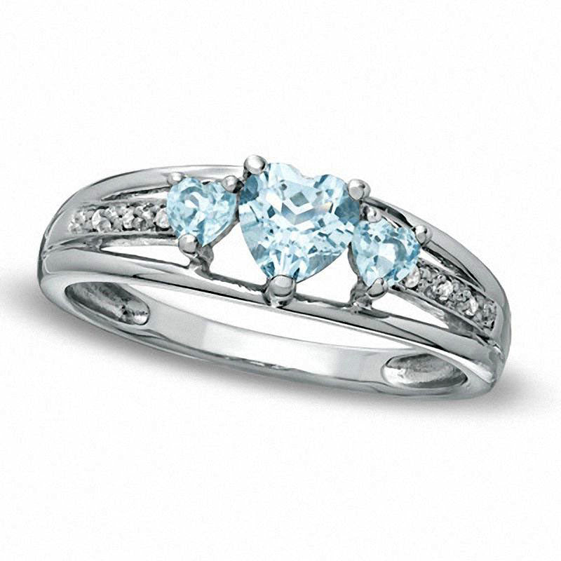 Image of ID 1 Heart-Shaped Simulated Aquamarine Three Stone and Natural Diamond Accent Ring in Sterling Silver