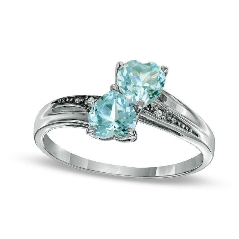 Image of ID 1 Heart-Shaped Simulated Aquamarine and Natural Diamond Accent Double Heart Ring in Sterling Silver