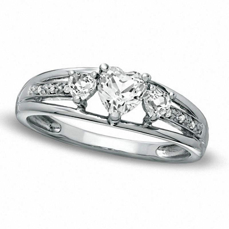 Image of ID 1 Heart-Shaped White Topaz and Natural Diamond Accent Three Stone Promise Ring in Solid 10K White Gold