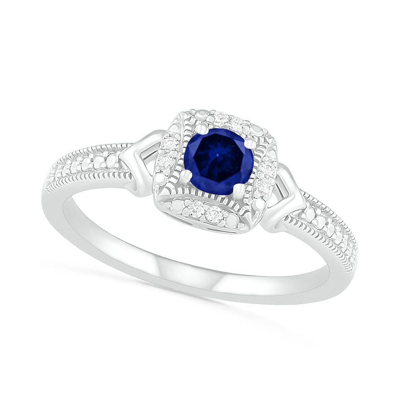 Image of ID 1 Lab-Created Blue Sapphire and 005 CT TW Diamond Cushion Frame Chevron Side Antique Vintage-Style Ring in Sterling Silver