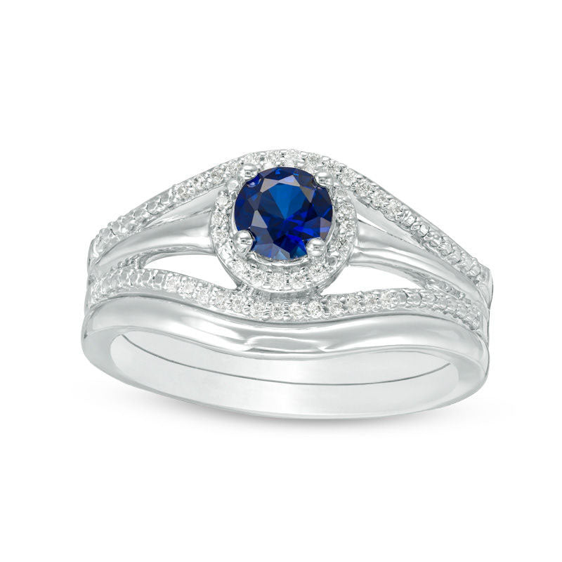 Image of ID 1 Lab-Created Blue Sapphire and 010 CT TW Diamond Split Shank Bridal Engagement Ring Set in Sterling Silver