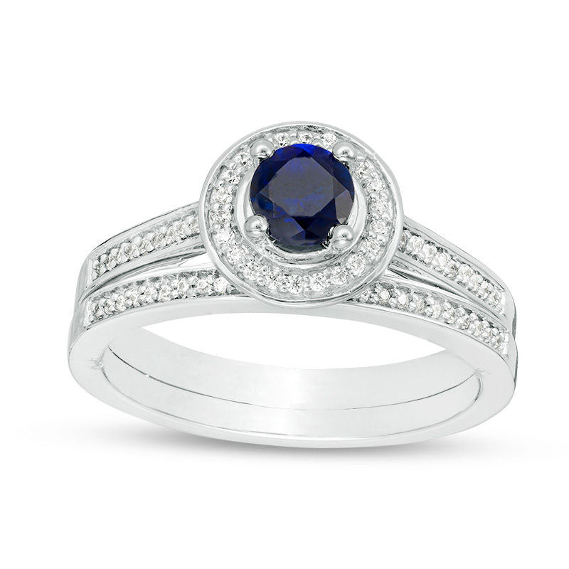 Image of ID 1 Lab-Created Blue Sapphire and 017 CT TW Diamond Frame Bridal Engagement Ring Set in Sterling Silver