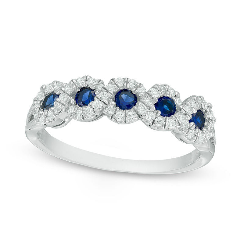 Image of ID 1 Lab-Created Blue Sapphire and 020 CT TW Diamond Frame Five Stone Ring in Solid 10K White Gold