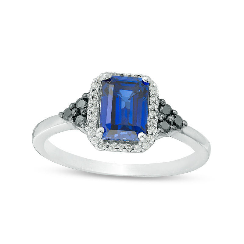 Image of ID 1 Lab-Created Blue Sapphire and 020 CT TW Enhanced Black and White Diamond Frame Tri-Sides Ring in Sterling Silver