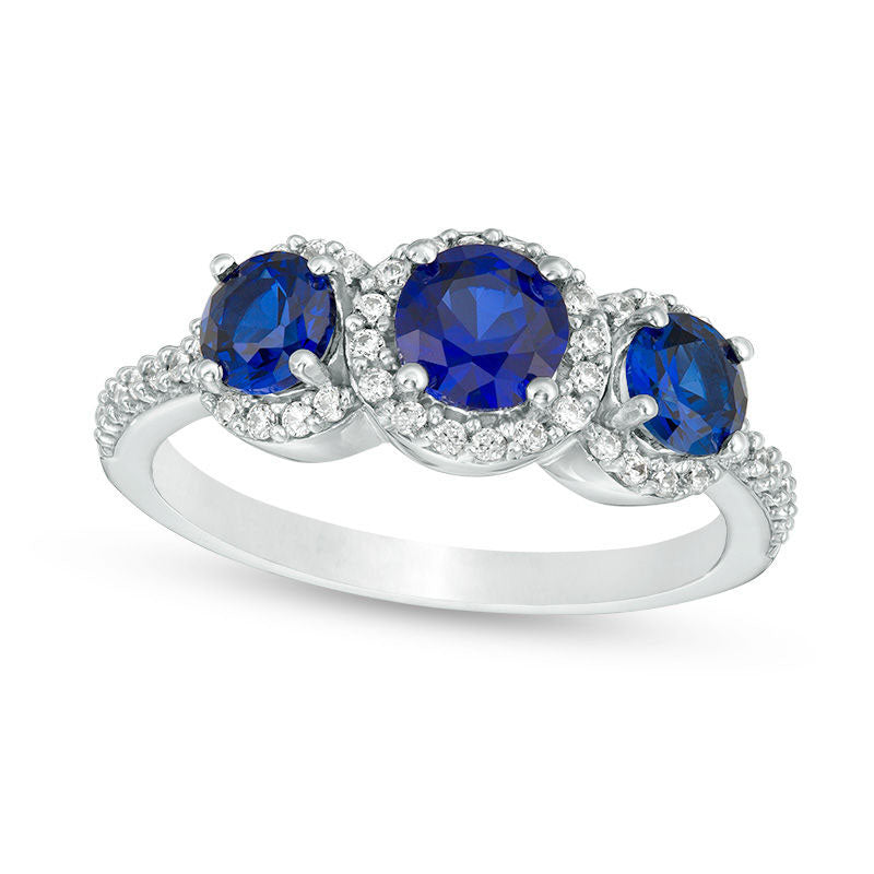 Image of ID 1 Lab-Created Blue Sapphire and 025 CT TW Diamond Frame Three Stone Ring in Solid 10K White Gold