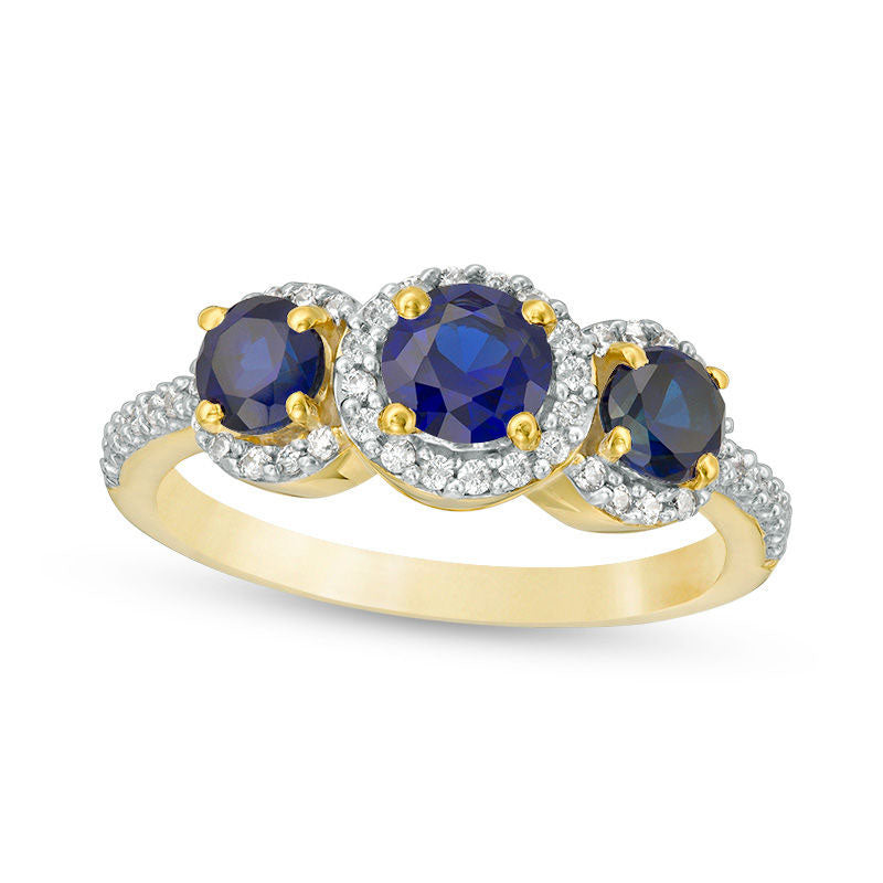 Image of ID 1 Lab-Created Blue Sapphire and 025 CT TW Diamond Frame Three Stone Ring in Solid 10K White Yellow or Rose Gold