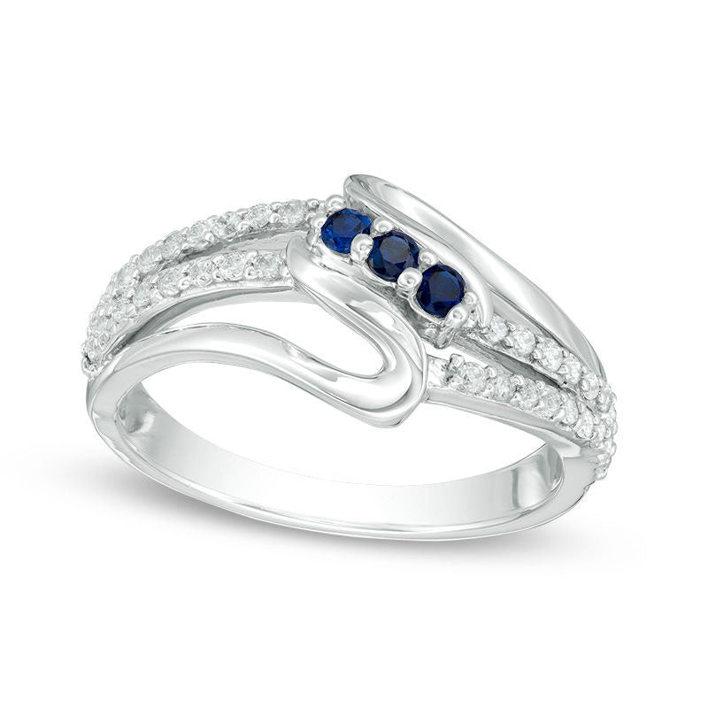 Image of ID 1 Lab-Created Blue Sapphire and 025 CT TW Diamond Three Stone Split Shank Ring in Sterling Silver