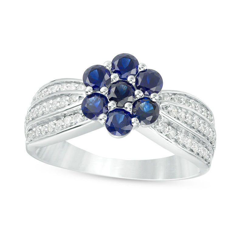Image of ID 1 Lab-Created Blue Sapphire and 033 CT TW Diamond Triple Row Flower Ring in Sterling Silver