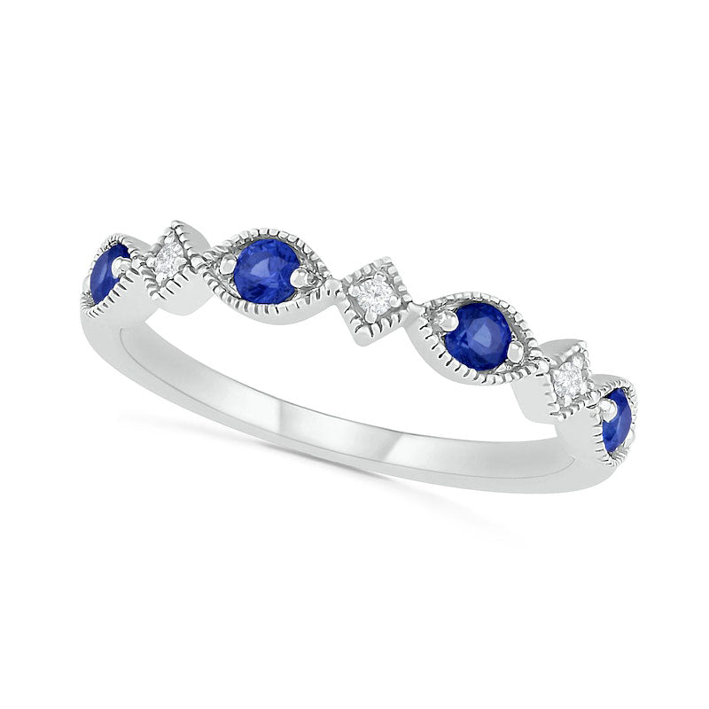 Image of ID 1 Lab-Created Blue Sapphire and Diamond Accent Alternating Art Deco Antique Vintage-Style Band in Solid 10K White Gold