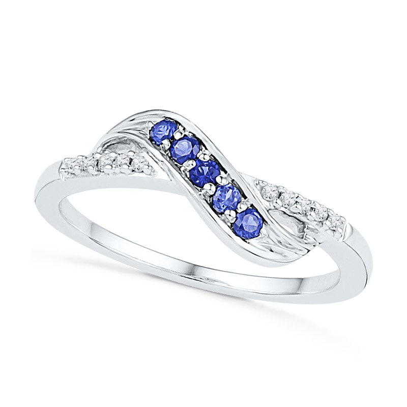 Image of ID 1 Lab-Created Blue Sapphire and Diamond Accent Slant Midi Ring in Sterling Silver