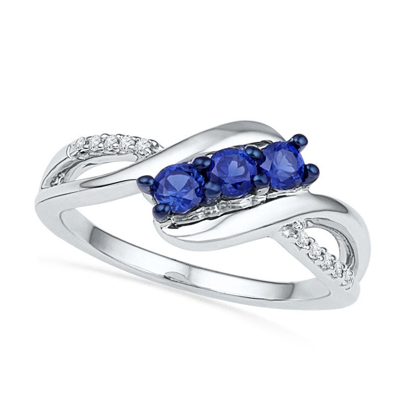 Image of ID 1 Lab-Created Blue Sapphire and Diamond Accent Three Stone Midi Ring in Sterling Silver