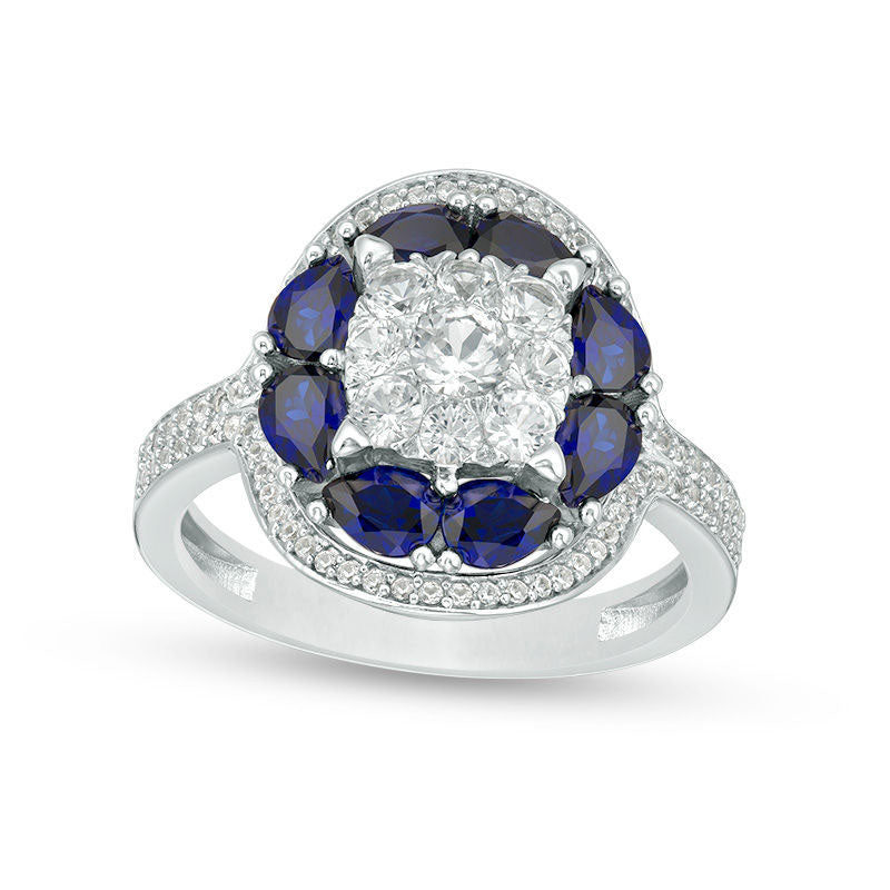 Image of ID 1 Lab-Created Blue and White Sapphire Cluster Art Deco Oval Frame Ring in Sterling Silver