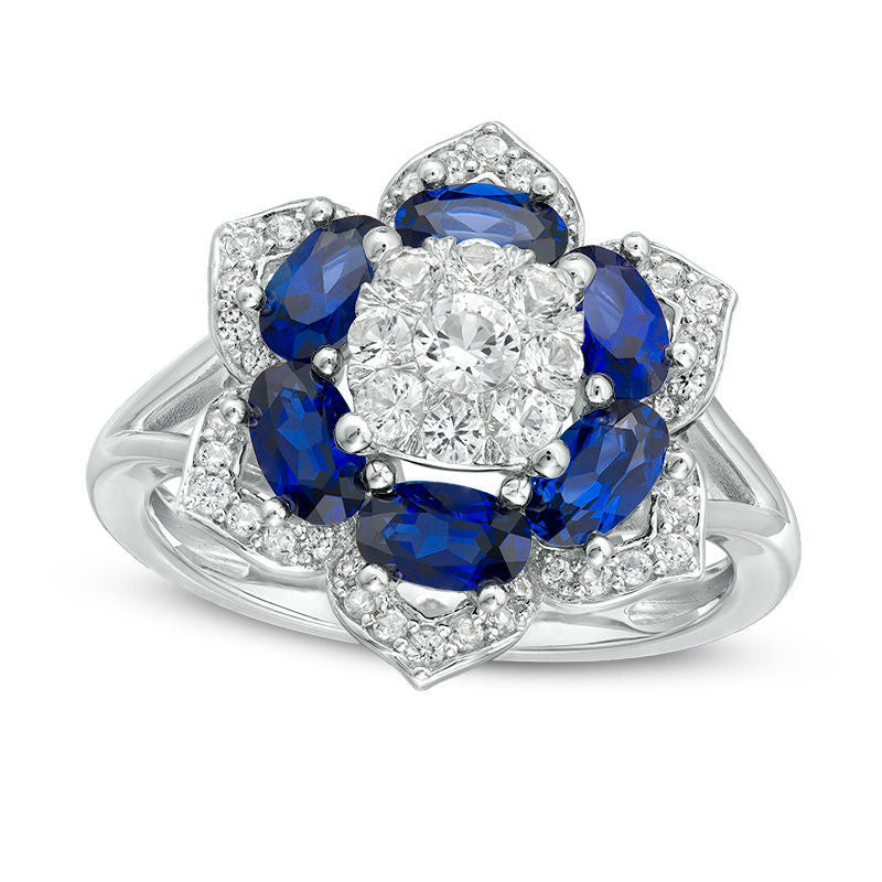 Image of ID 1 Lab-Created Blue and White Sapphire Flower Frame Ring in Sterling Silver