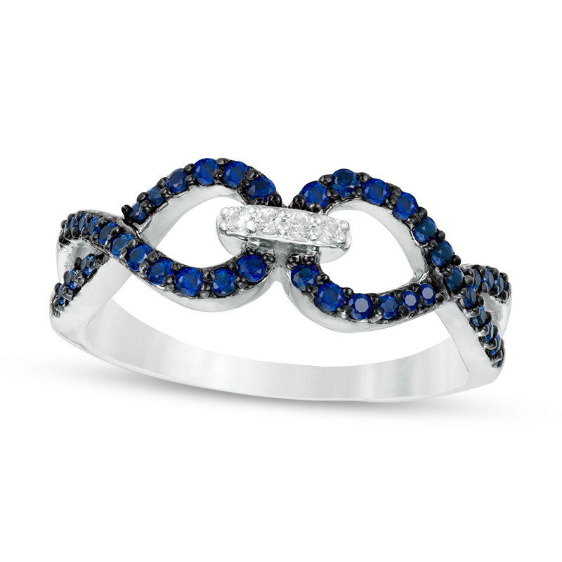 Image of ID 1 Lab-Created Blue and White Sapphire Interlocking Ring in Sterling Silver