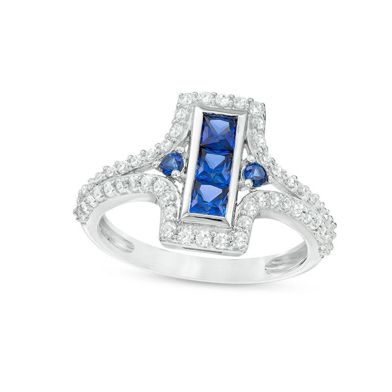 Image of ID 1 Lab-Created Blue and White Sapphire Linear Three Stone Split Shank Ring in Sterling Silver