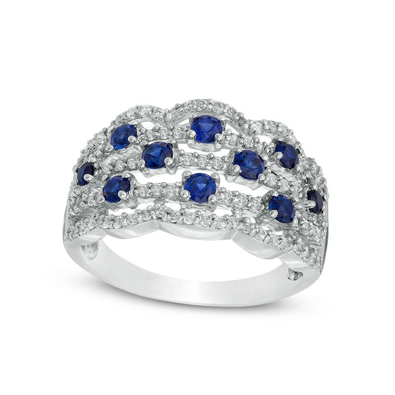 Image of ID 1 Lab-Created Blue and White Sapphire Scallop Edge Orbit Ring in Sterling Silver