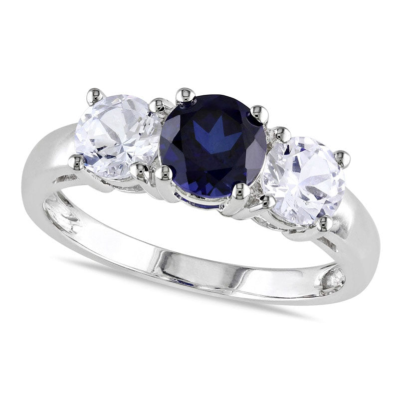 Image of ID 1 Lab-Created Blue and White Sapphire Three Stone Ring in Solid 10K White Gold