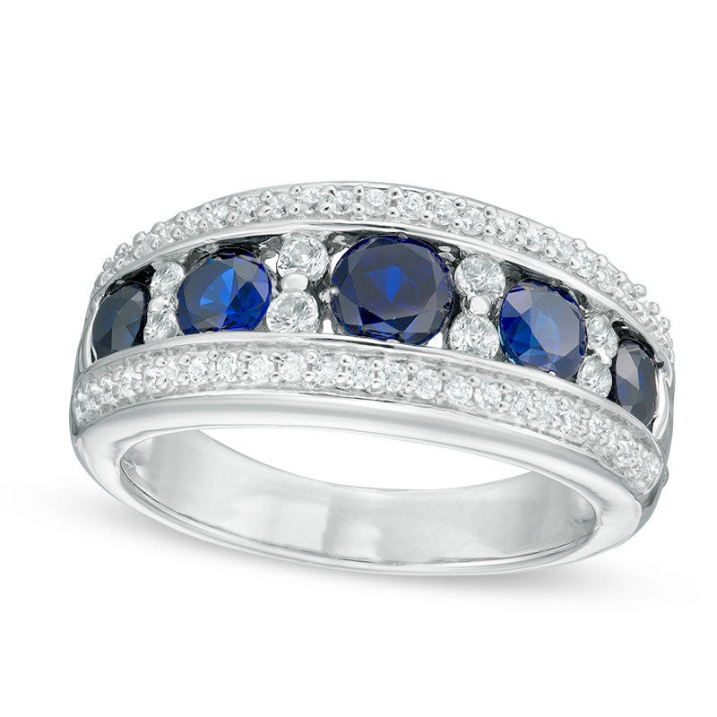 Image of ID 1 Lab-Created Blue and White Sapphire and 020 CT TW Diamond Five Stone Band in Sterling Silver
