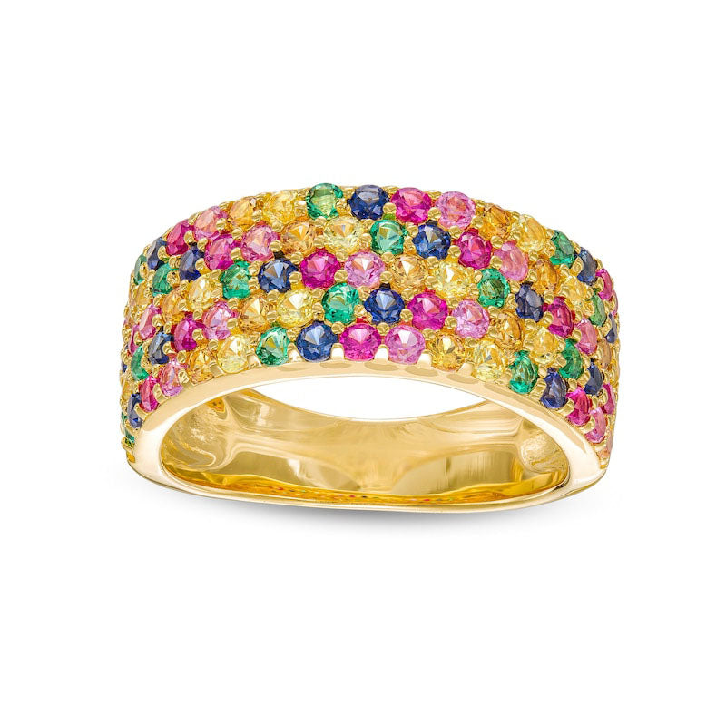 Image of ID 1 Lab-Created Emerald Ruby and Multi-Color Lab-Created Sapphire Multi-Row Ring in Solid 18K Gold Over Silver