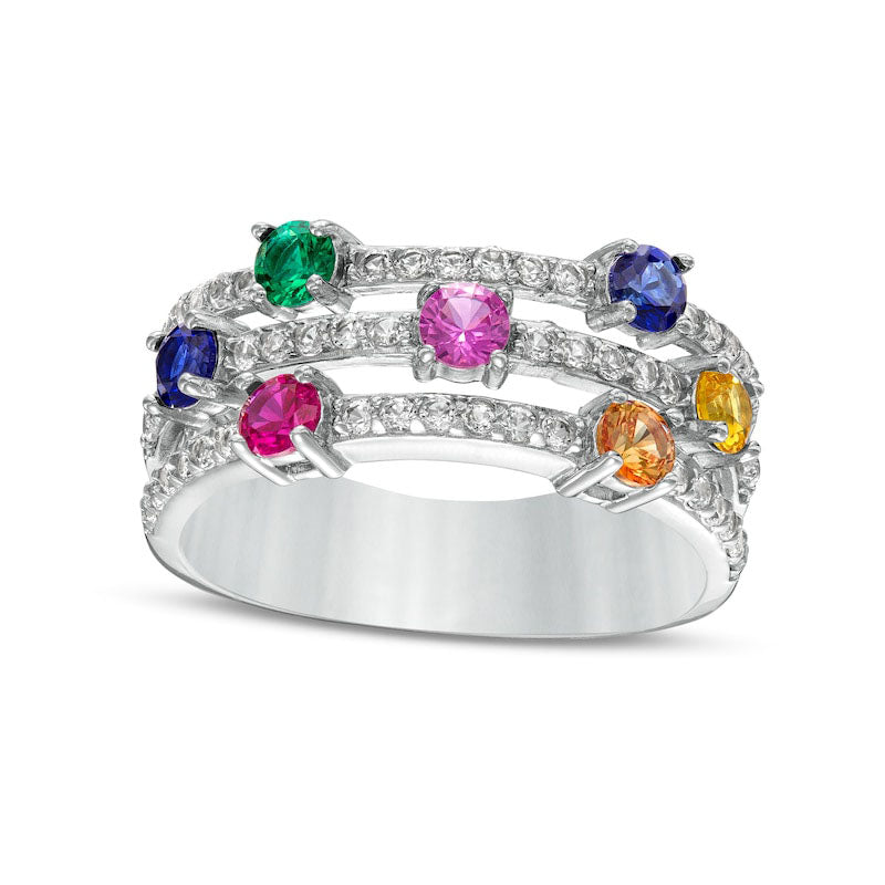 Image of ID 1 Lab-Created Emerald Ruby and Multi-Color Lab-Created Sapphire Orbit Triple Row Open Shank Ring in Sterling Silver