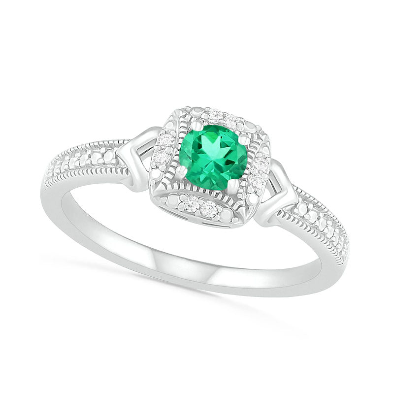 Image of ID 1 Lab-Created Emerald and 005 CT TW Diamond Cushion Frame Chevron Side Accent Antique Vintage-Style Ring in Sterling Silver