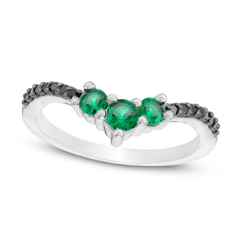 Image of ID 1 Lab-Created Emerald and 005 CT TW Enhanced Black Diamond Chevron Ring in Sterling Silver
