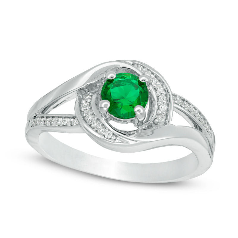 Image of ID 1 Lab-Created Emerald and 010 CT TW Diamond Swirl Frame Split Shank Ring in Sterling Silver