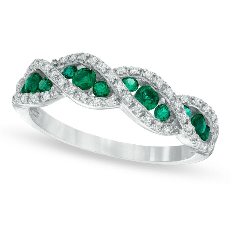 Image of ID 1 Lab-Created Emerald and 017 CT TW Diamond Wave Ring in Solid 10K White Gold