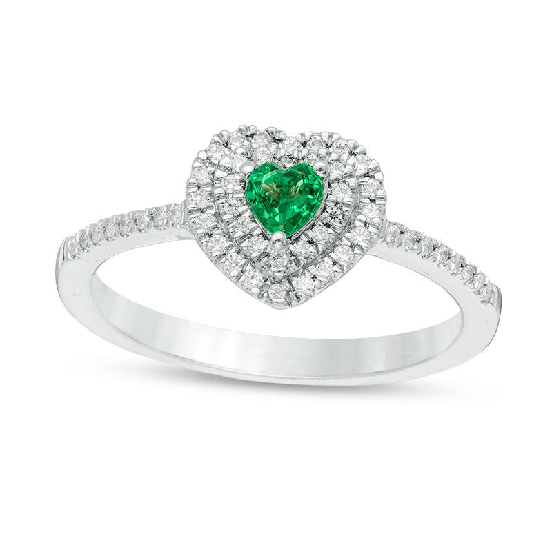 Image of ID 1 Lab-Created Emerald and 020 CT TW Diamond Double Frame Heart Promise Ring in Sterling Silver