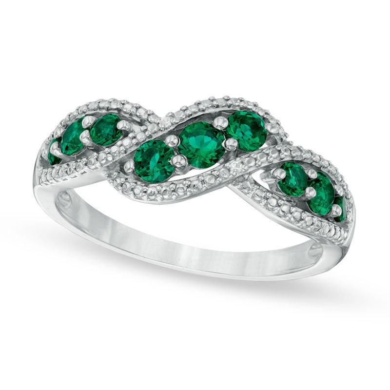 Image of ID 1 Lab-Created Emerald and Diamond Accent Wave Ring in Solid 10K White Gold
