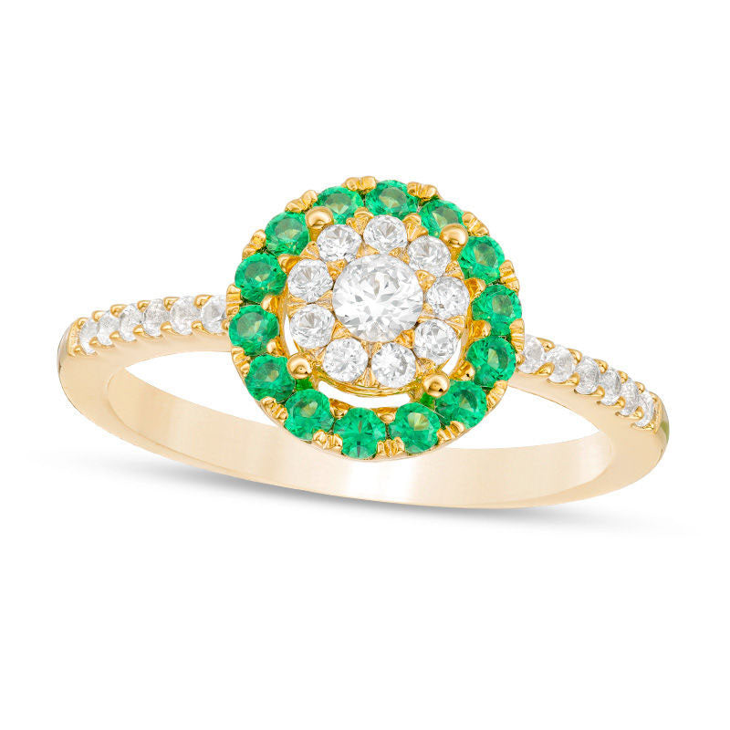 Image of ID 1 Lab-Created Emerald and White Sapphire Double Frame Ring in Sterling Silver with Solid 14K Gold Plate