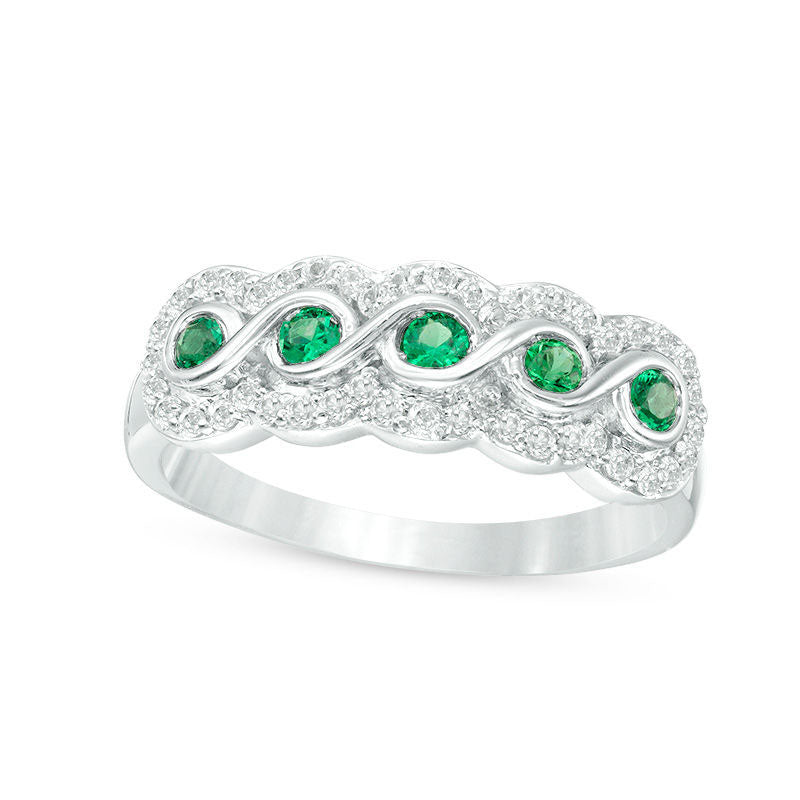 Image of ID 1 Lab-Created Emerald and White Sapphire Frame Five Stone Ring in Sterling Silver
