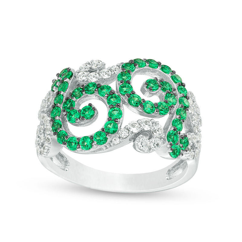 Image of ID 1 Lab-Created Emerald and White Sapphire Swirl Filigree Ring in Sterling Silver
