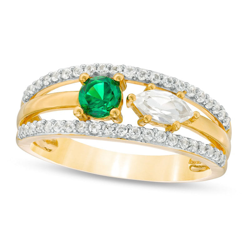 Image of ID 1 Lab-Created Emerald and White Sapphire Two Stone Triple Row Split Shank Ring in Sterling Silver with Solid 14K Gold Plate