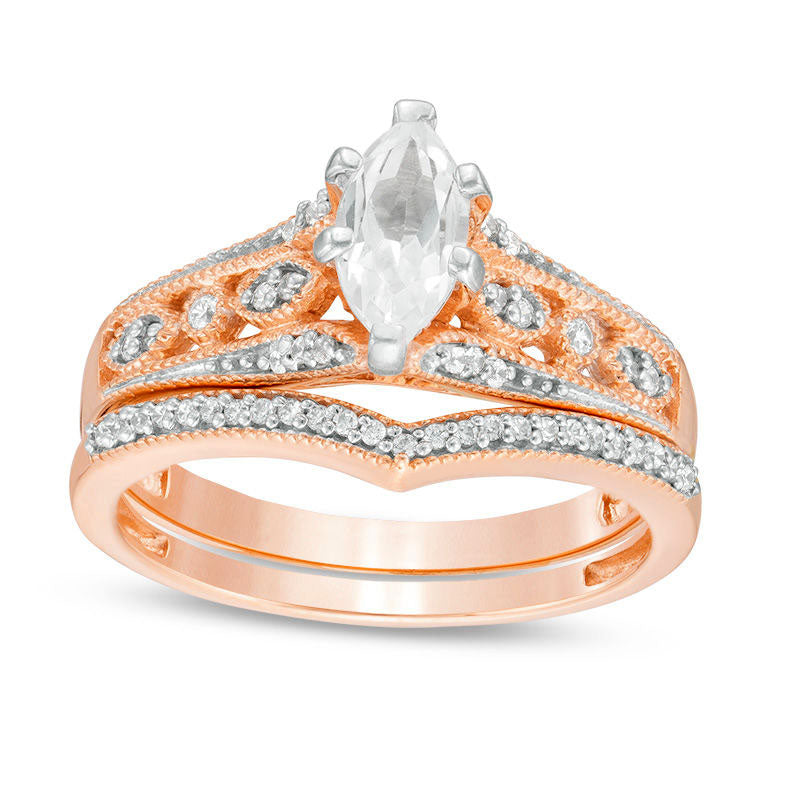 Image of ID 1 Lab-Created Marquise White Sapphire and 020 CT TW Diamond Bridal Engagement Ring Set in Solid 10K Rose Gold