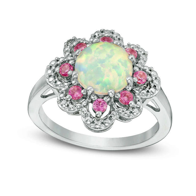Image of ID 1 Lab-Created Opal and Pink and White Sapphire Flower Frame Ring in Sterling Silver