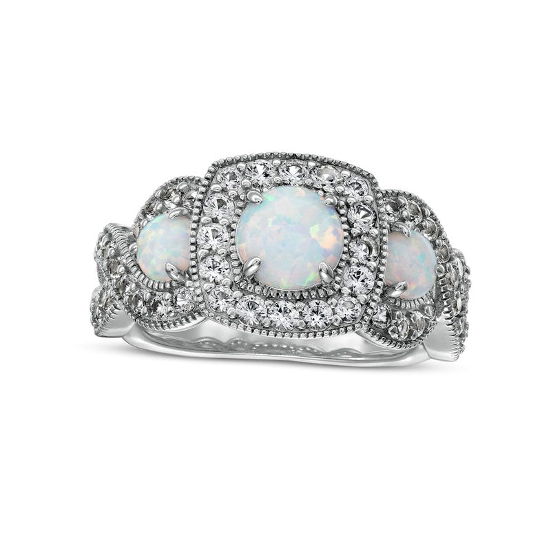 Image of ID 1 Lab-Created Opal and White Lab-Created Sapphire Cushion Frame Three Stone Infinity Antique Vintage-Style Ring in Sterling Silver