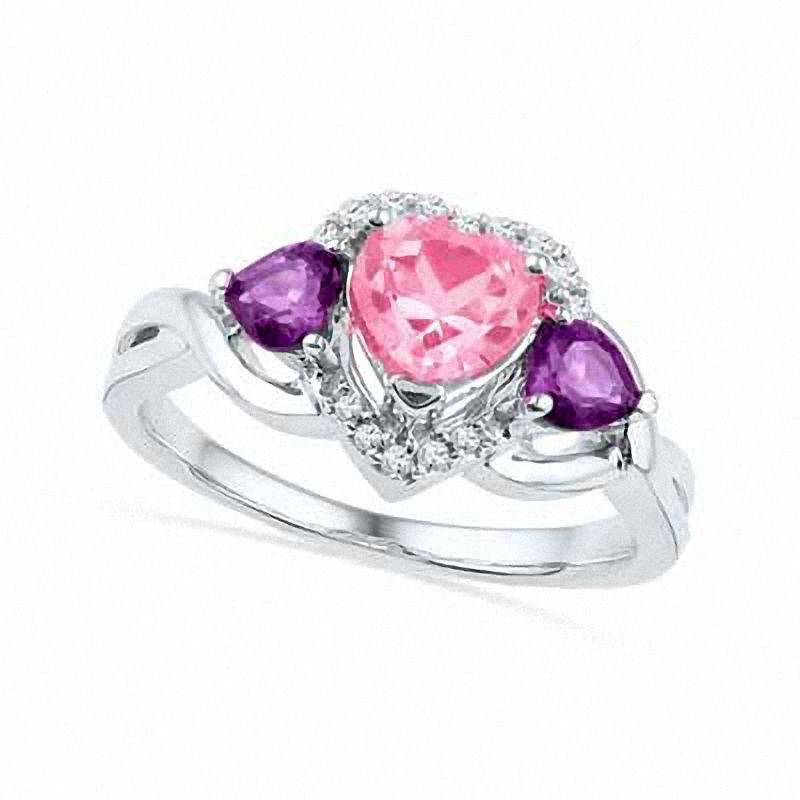Image of ID 1 Lab-Created Pink Sapphire Amethyst and Diamond Accent Heart Ring in Sterling Silver