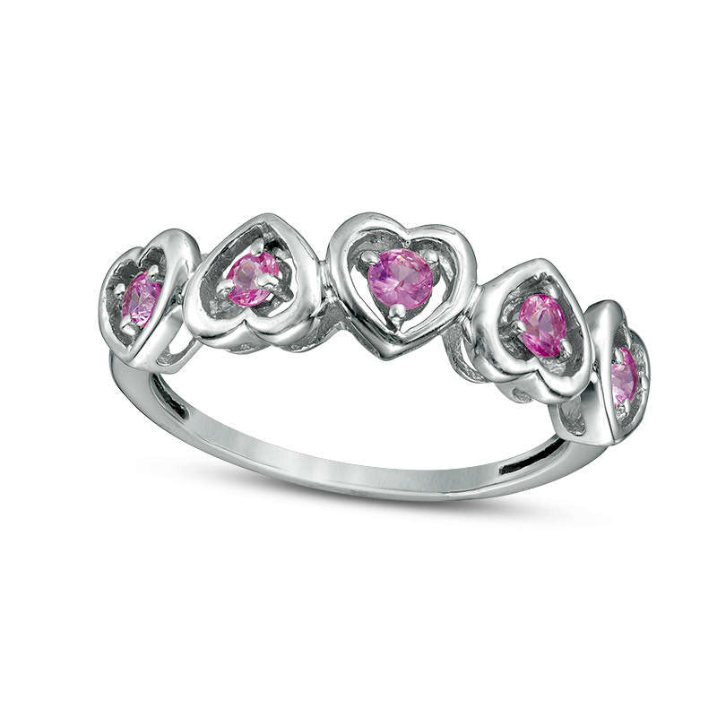 Image of ID 1 Lab-Created Pink Sapphire Five Stone Heart Ring in Sterling Silver