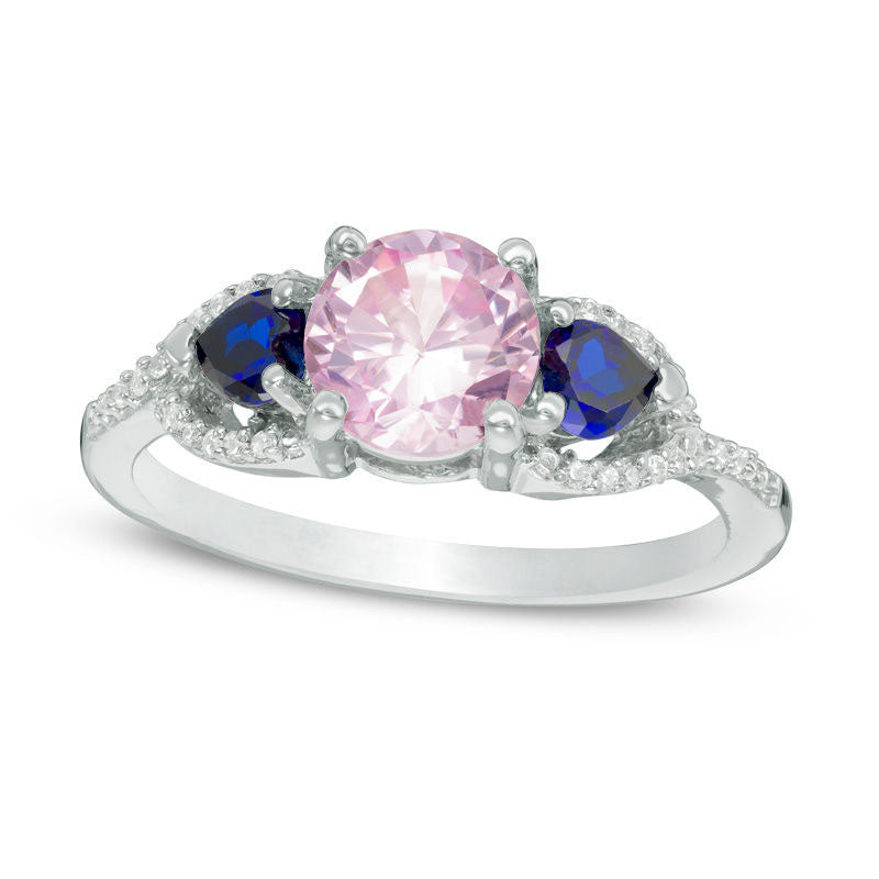Image of ID 1 Lab-Created Pink Sapphire Heart-Shaped Lab-Created Blue Sapphire and Diamond Accent Three Stone Ring in Sterling Silver