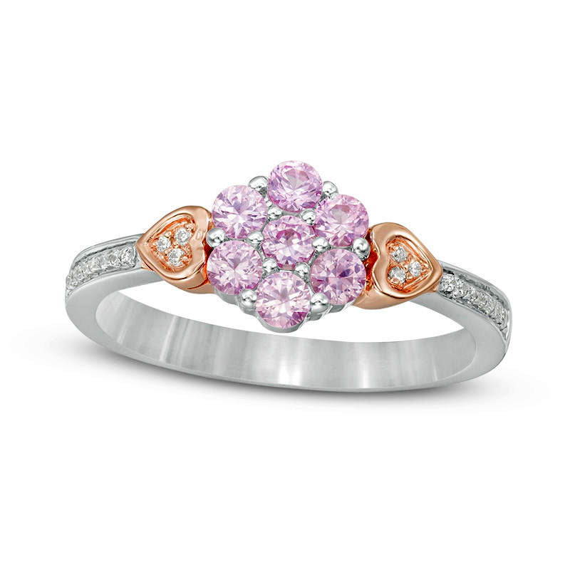Image of ID 1 Lab-Created Pink Sapphire and 007 CT TW Diamond Double Heart Flower Ring in Sterling Silver and Solid 10K Rose Gold