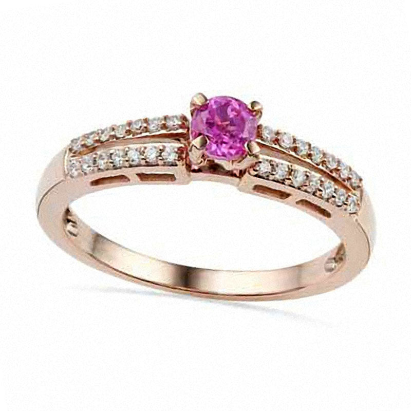 Image of ID 1 Lab-Created Pink Sapphire and 010 CT TW Diamond Promise Ring in Solid 10K Rose Gold
